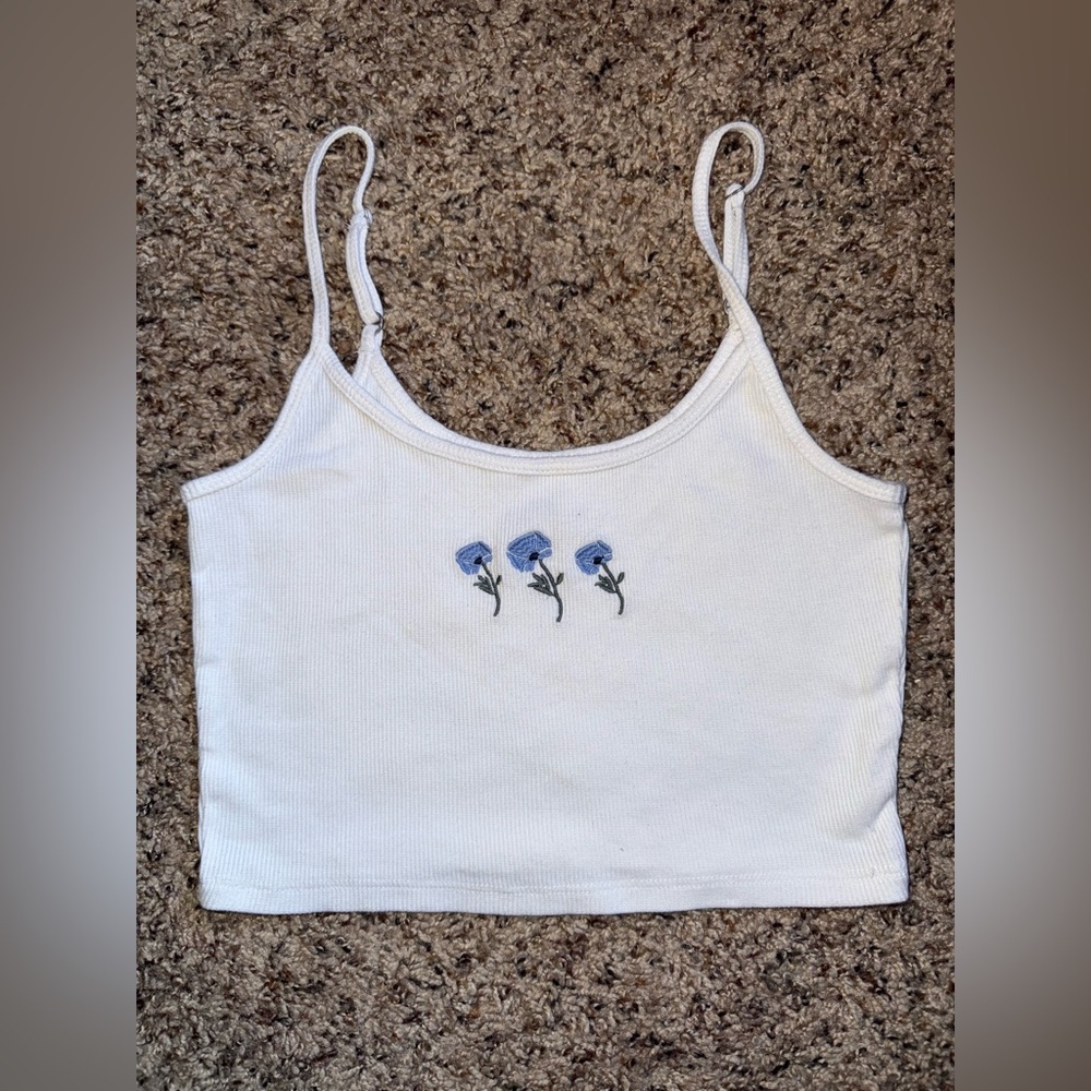 Hollister White Camisole with Blue Floral Embroidery